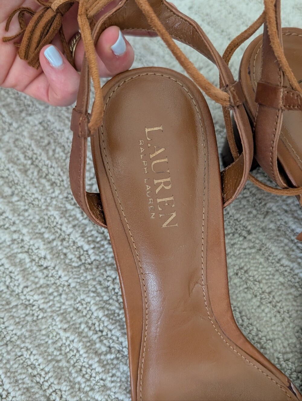 Ralph Lauren Cognac Leather Ankle-Tie Block Heel Sandals 9.5 - Picture 4 of 11